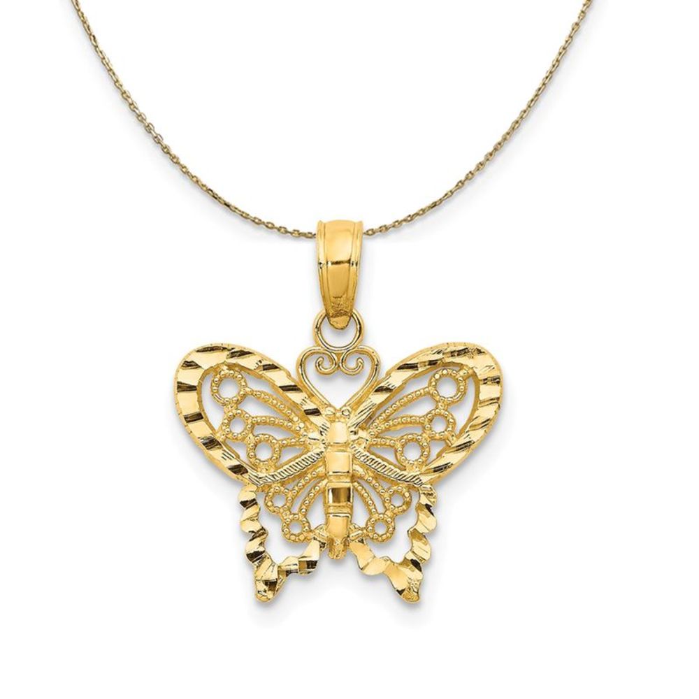 14k Yellow Gold 16mm Diamond Cut Butterfly Necklace - 20 Inch